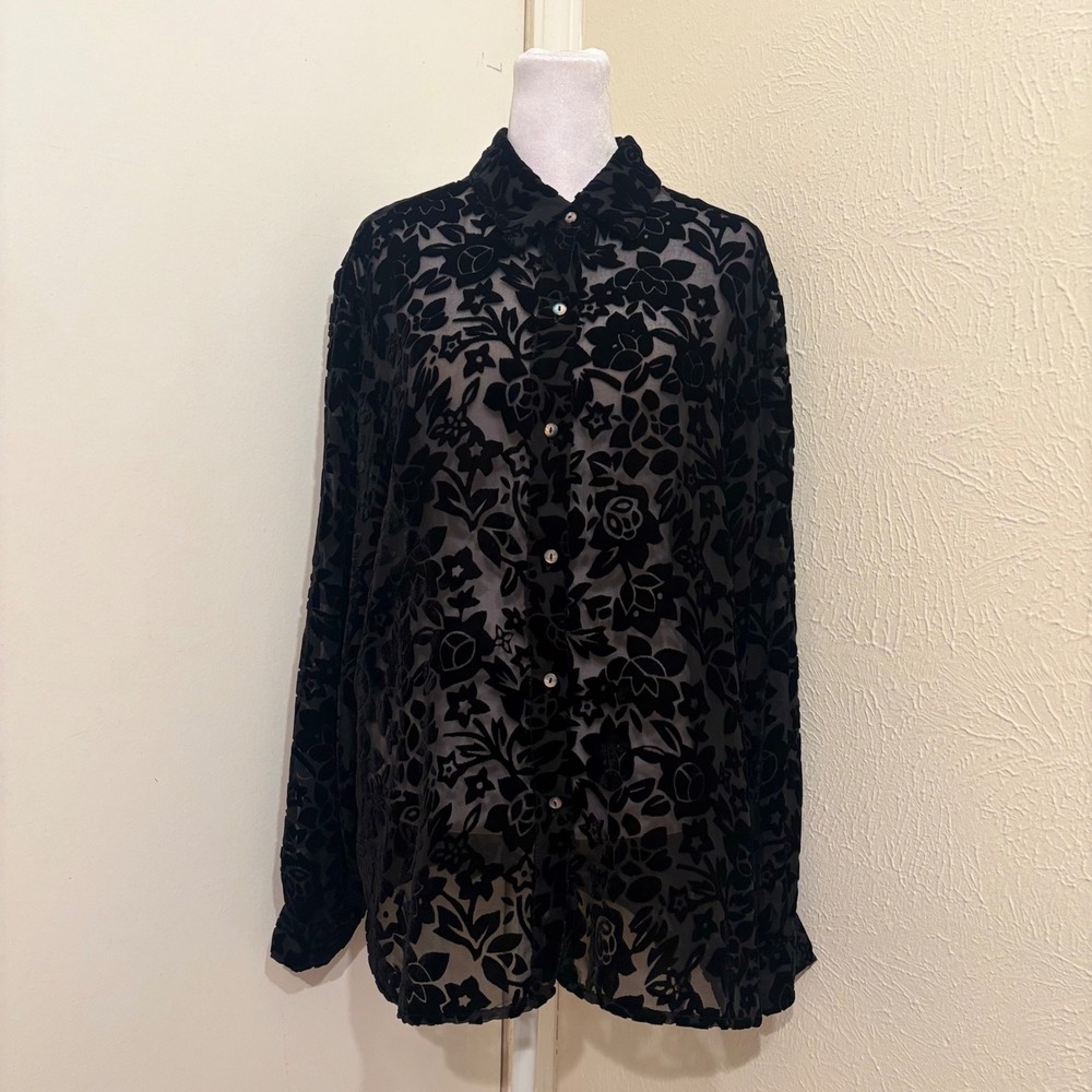Vintage Black Burnout Velvet Floral Sheer Silk Blend Button Down Shirt L